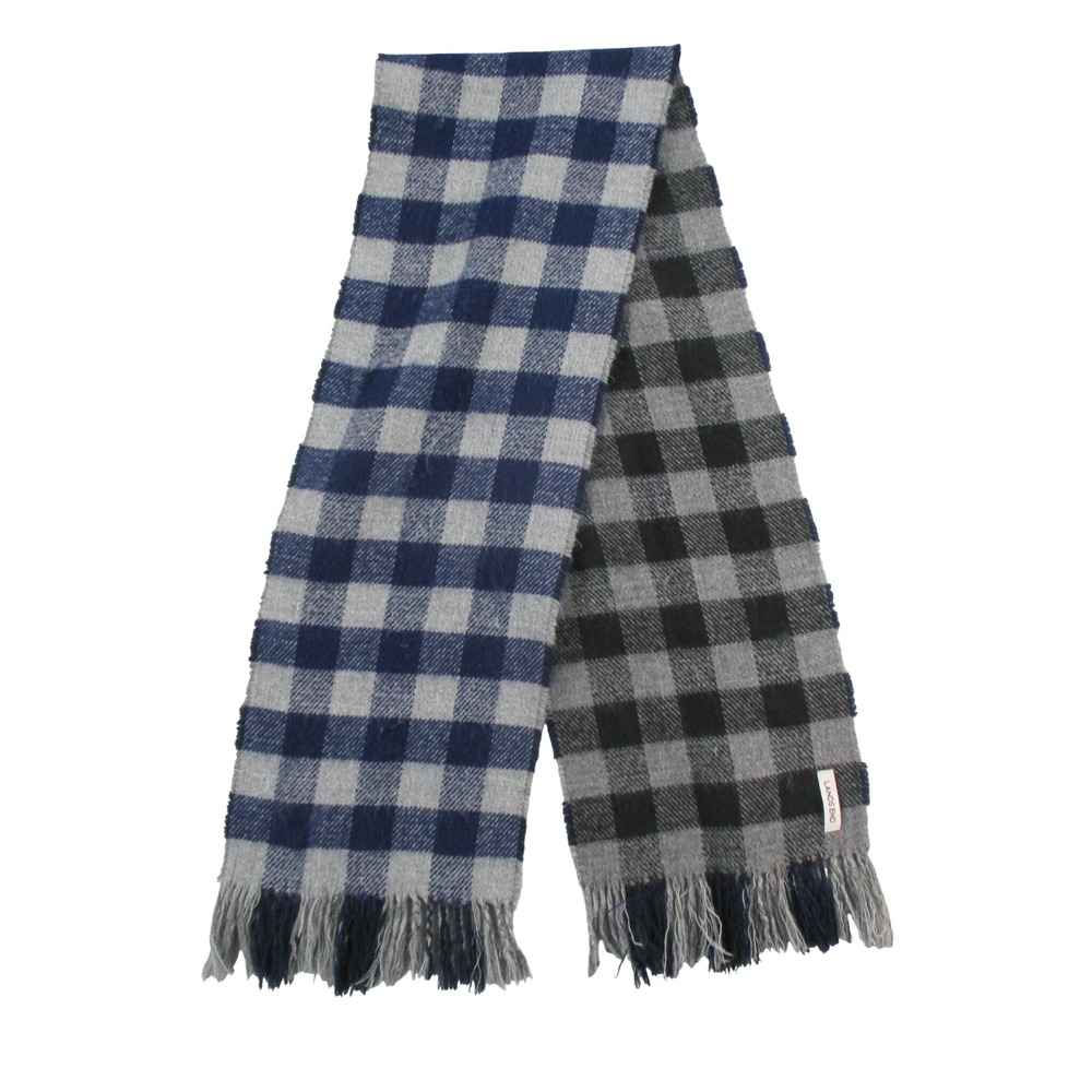 Lands End Buffalo Check Scarf Navy Blue Black Grey Plaid Fringed Winter Wrap